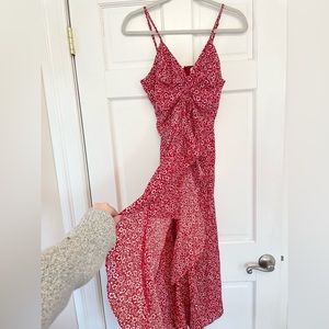 Red & White Floral Dress, Slit, Ruffle